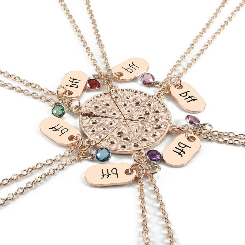 Top Plaza 6 Pcs Rose Gold Best Friends Forever BFF Friendship Necklace Engraved Rhinestone Pizza Pendant Necklaces - Image 1
